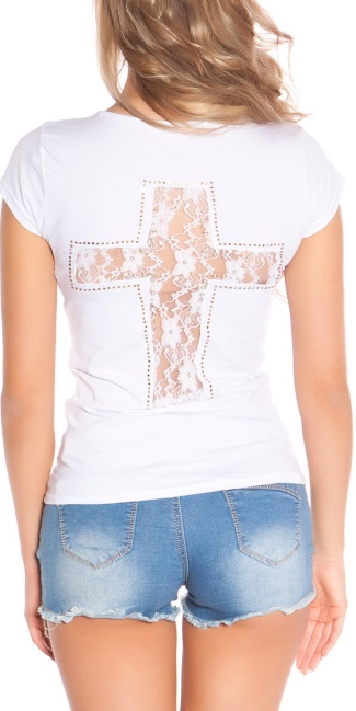 Trendy shirt met kruis-print en kant wit